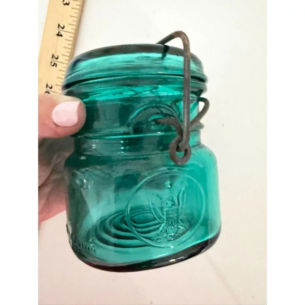 vtg teal ball ideal bicentennial half pint mason jar with wire bail